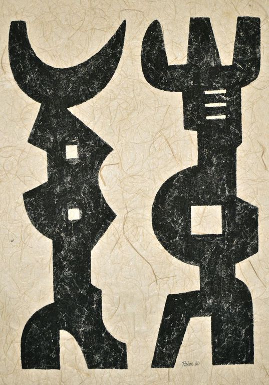 Geni Peter: Houtdruk. Abstracte figuren kopen? Bied vanaf 50!