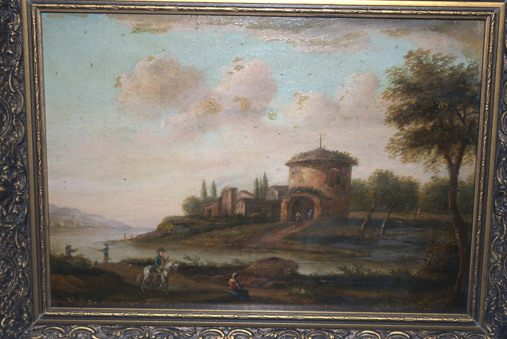 19e eeuws paneel waterlandschap met ruiter en vissers/olieverf/ingelijst kopen? Bied vanaf 75!