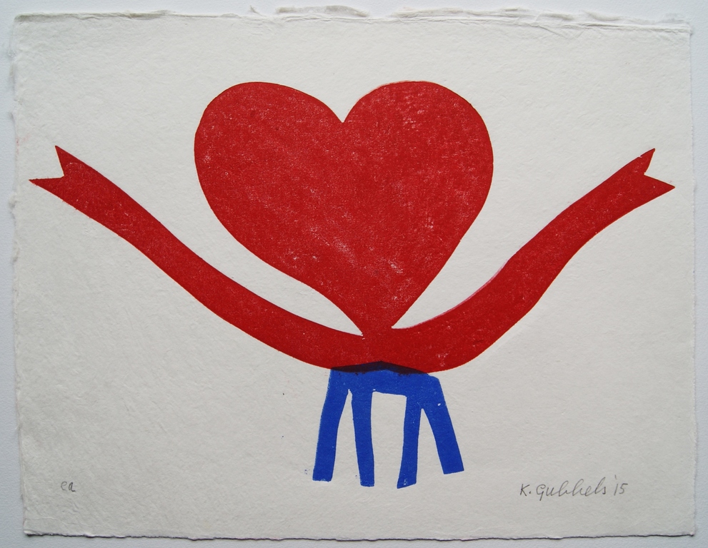 Klaas Gubbels houtdruk 'Hartenkan op tafel' - 2015 - oplage E/A. verkocht voor € 295!