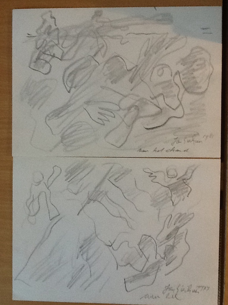 Jan Sierhuis: 2 tekeningen op papier: Aan zee, Naar het strand. verkocht voor € 75!