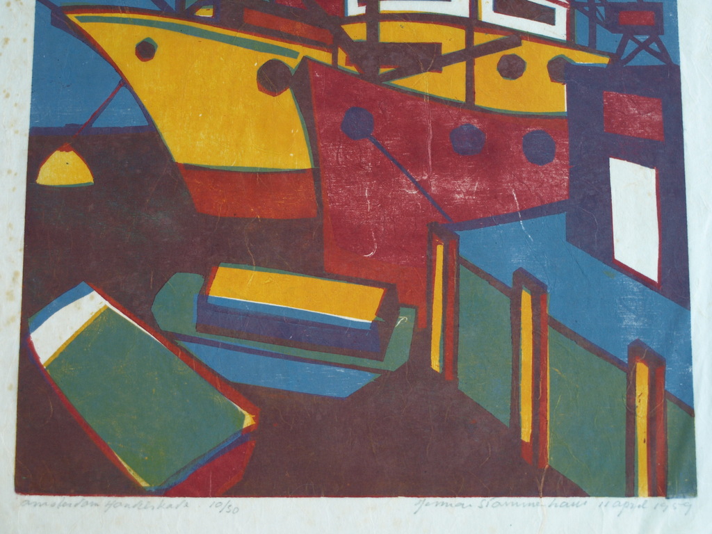 Herman Stammeshaus :  Houtsnede – Handelskade Amsterdam - 1959 kopen? Bied vanaf 1!