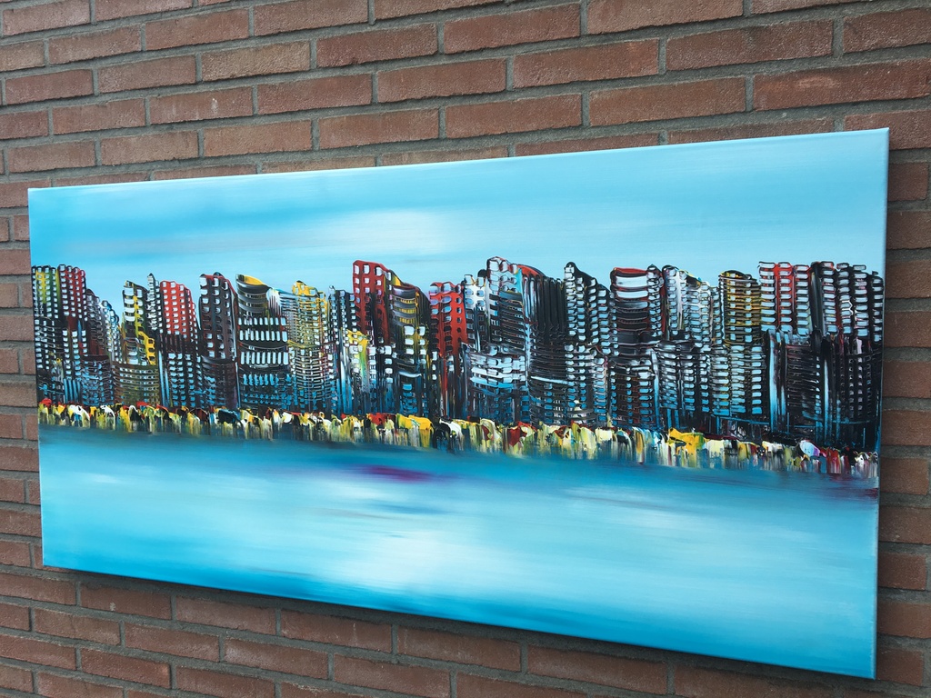 Gena - Skyline city - Gesigneerd - Acrylverf op doek kopen? Bied vanaf 200!