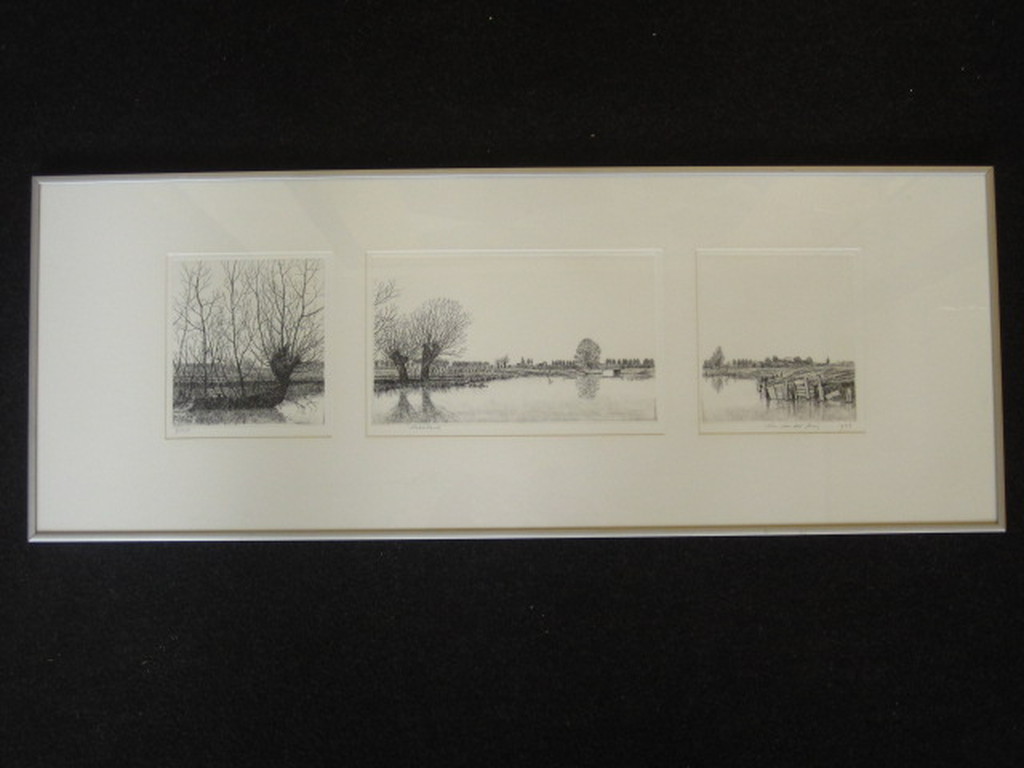 Bijzondere triptiek Ets "Waterland Noord Holland"  Wim van der Mey (1949-) gesig kopen? Bied vanaf 1!