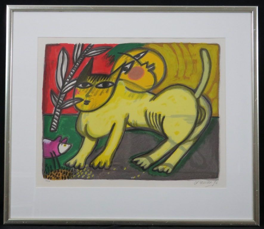 Corneille: Litho, Zonder titel (gele kat) - Ingelijst verkocht voor € 180!