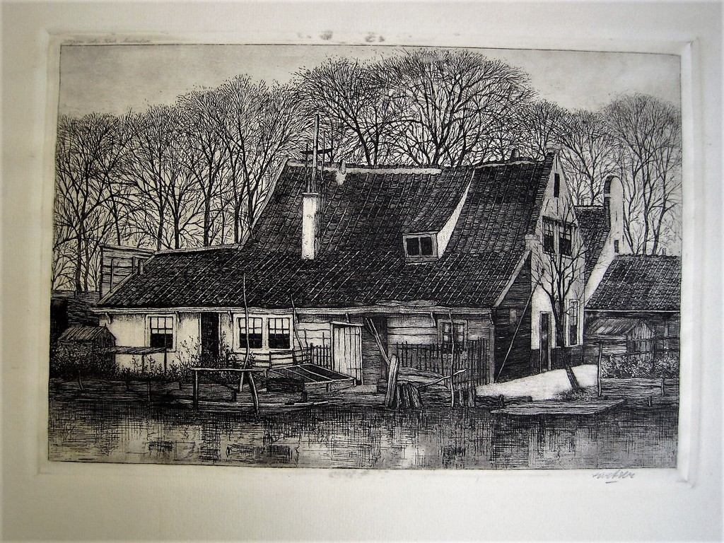 Fraaie gesigneerde Ets "Het oude dorp Sloterdijk bij Amsterdam" omstreeks 1910 kopen? Bied vanaf 1!