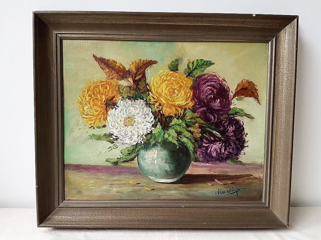Jan van Vlaardingen (1913-1980), olieverf op paneel, Bolcrysanten op een vaas verkocht voor € 50!