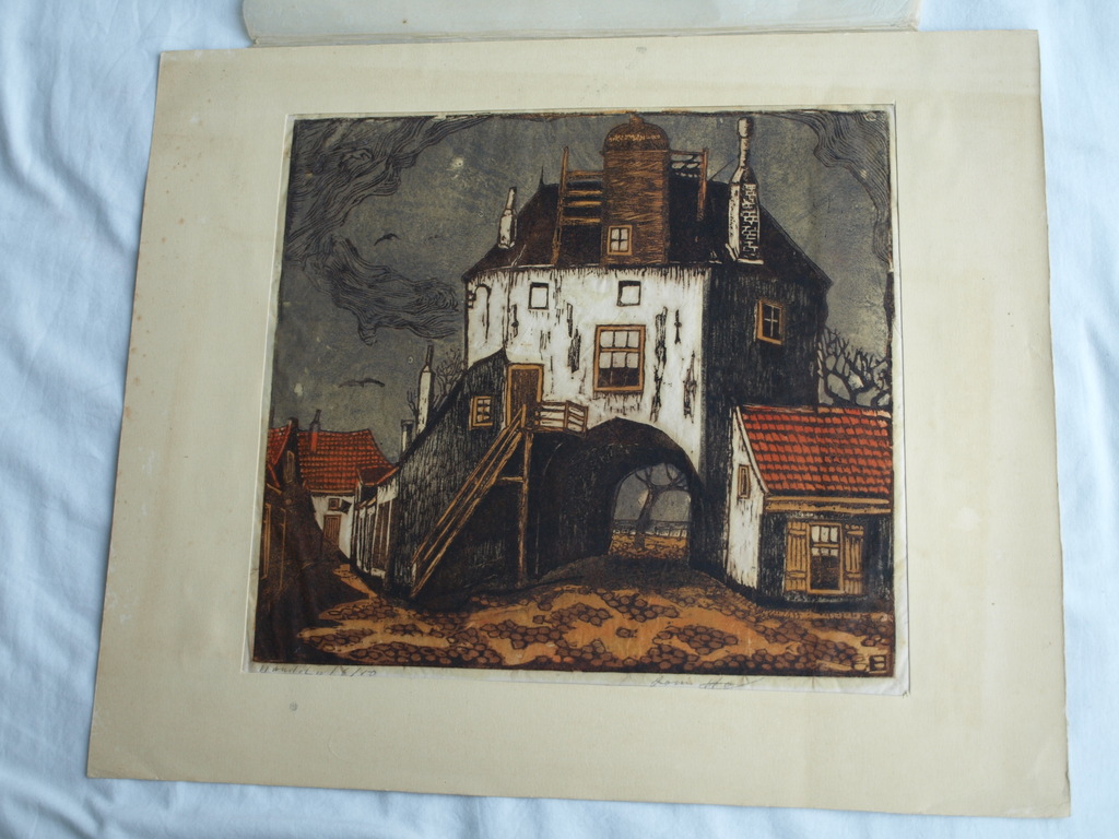 Louis Haver : Houtsnede , Huis met poort – Gesigneerd – ca 1950 kopen? Bied vanaf 35!