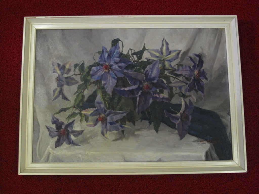 Fraai antiek stilleven  "paarse clematis" door Rotterdammer Wim Heinecke kopen? Bied vanaf 1!