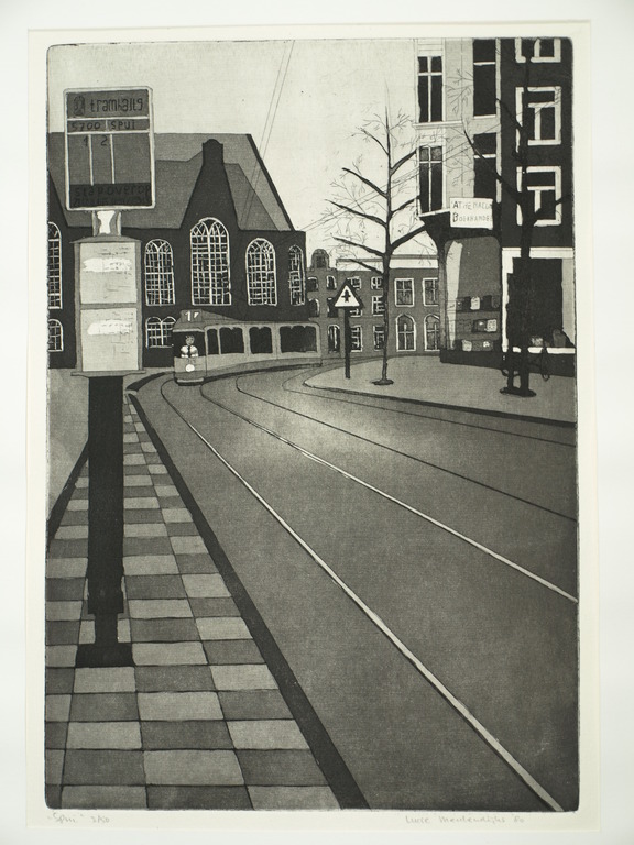 Lucie Meulendijks: Ets en aquatint – Spui Amsterdam –Gesigneerd & ingelijst-1980 verkocht voor € 45!