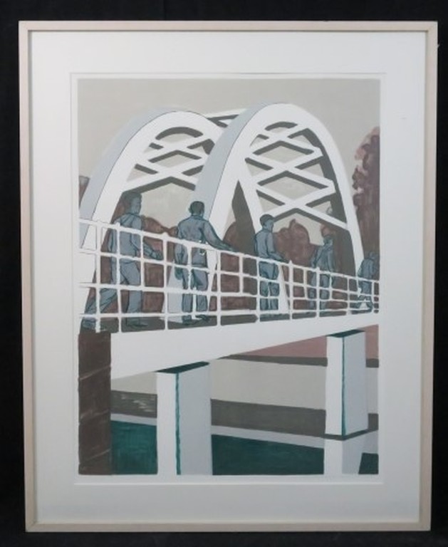 Hans Ebeling Koning: Zeefdruk, Brug rechts - Ingelijst kopen? Bied vanaf 50!