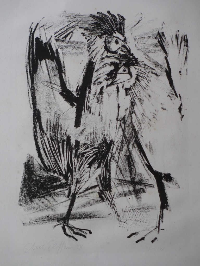 Dick Elffers, Twee Hanen, Litho '54 verkocht voor € 40!