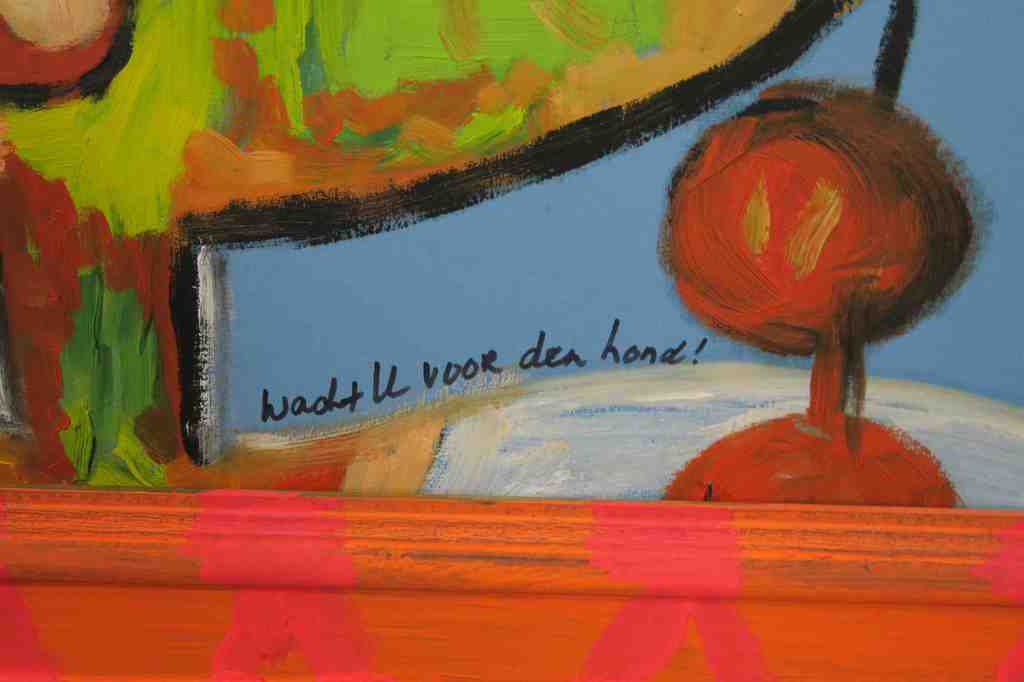Meertje Kaal: Acryl en horloge op doek, Waakt u voor den hond! - Ingelijst kopen? Bied vanaf 1!