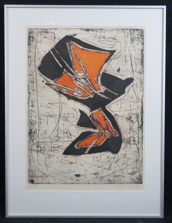 Cees Kortlang: Ets, Compositie in oranje - Ingelijst verkocht voor € 160!