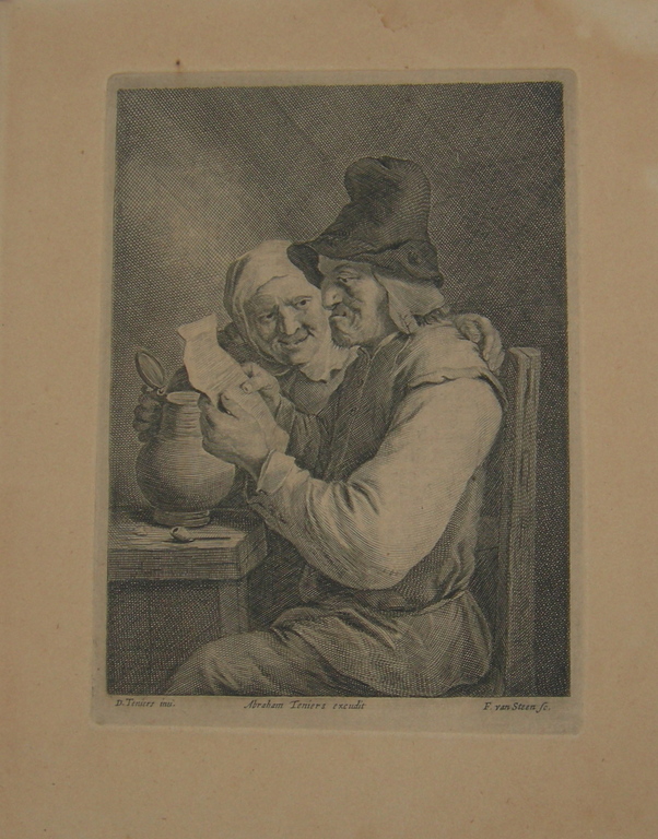 Franciscus van der Steen, gravure: lezende boer met vrouw met kruik kopen? Bied vanaf 5!