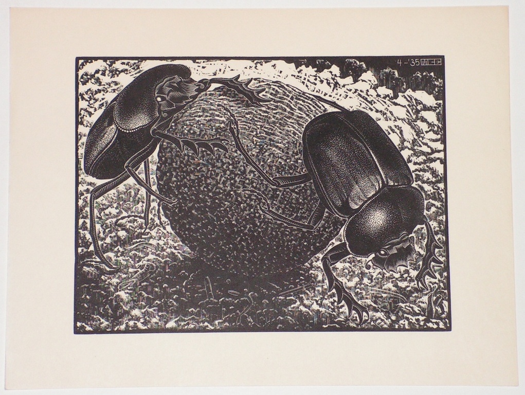 MC Escher, ORIGINELE houtgravure, 1935. Scarabeeën verkocht voor € 1150!