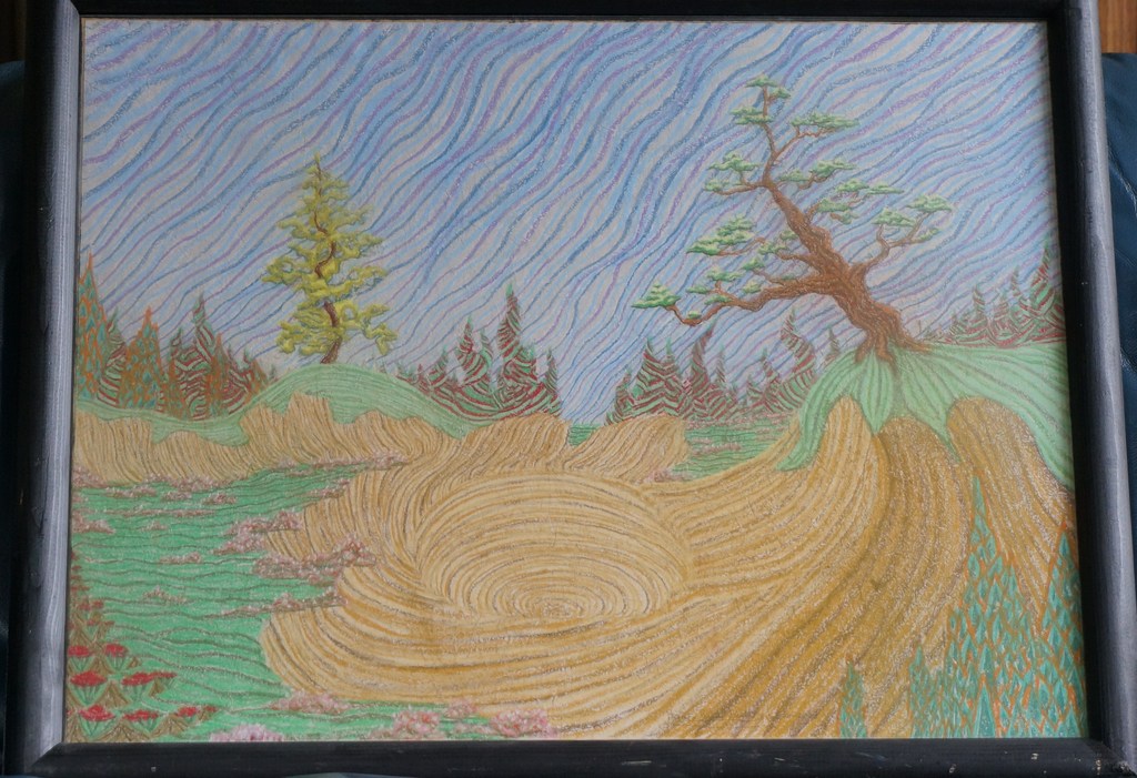 Aquarel/krijttekening, onduidelijk gesigneerd, Landschap, mooi lijnenspel kopen? Bied vanaf 15!