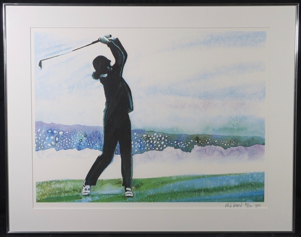 Rene Brone: Litho, Playing golf at peble beach - Ingelijst kopen? Bied vanaf 1!