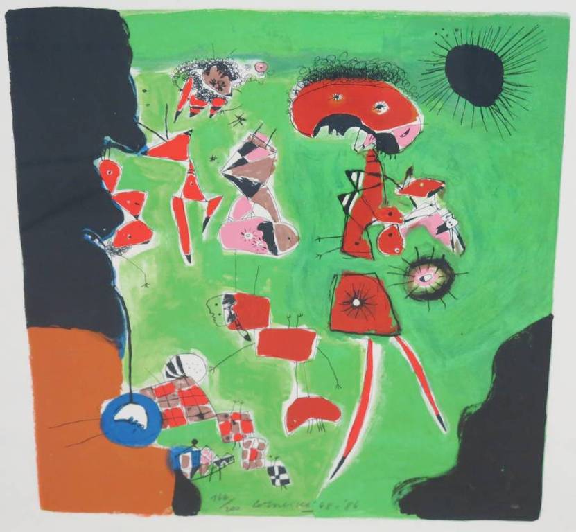 Corneille: Litho, Figuurtjes groen - Ingelijst kopen? Bied vanaf 250!