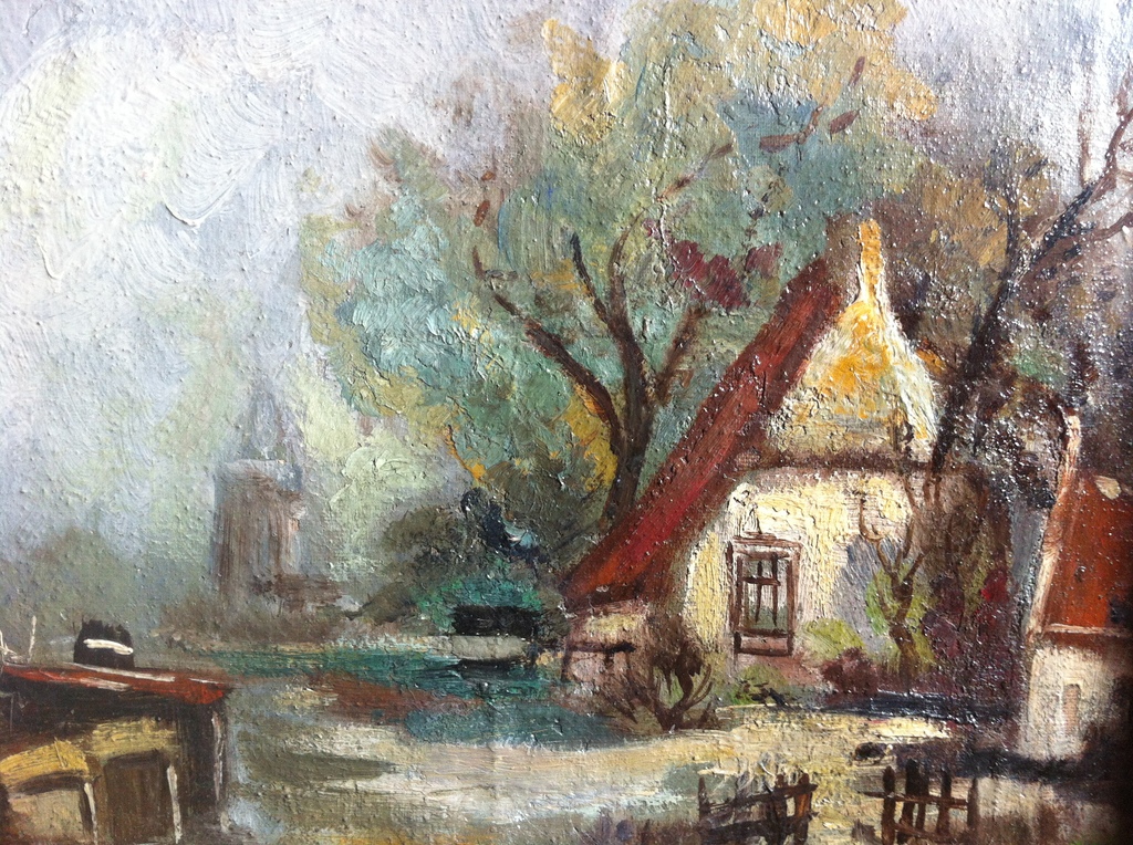 Plassenschap met dorpje en boten van Hubertus Josephus Vos (1855-1935), olieverf kopen? Bied vanaf 1000!