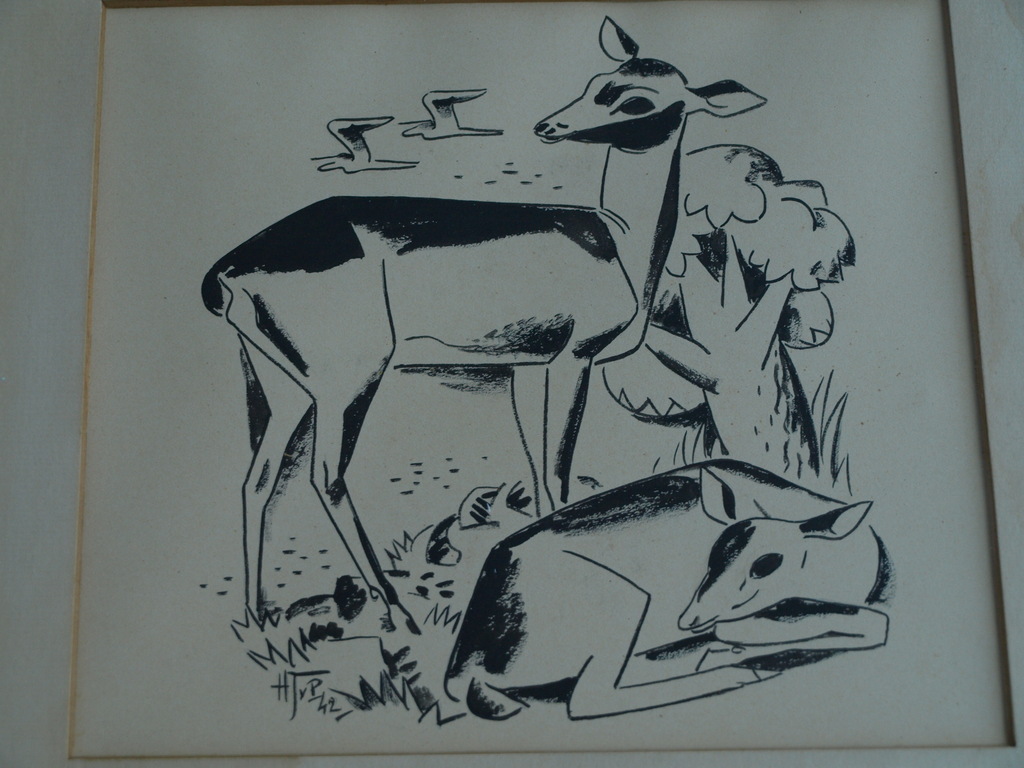 Initialen H. J. v. P. : Tekening? Litho? - 2 Herten – gesigneerd - 1942  kopen? Bied vanaf 1!