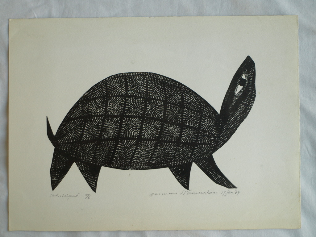 Herman Stammeshaus :  Houtsnede – Schildpad – 1974 – oplage 6 ex. kopen? Bied vanaf 25!