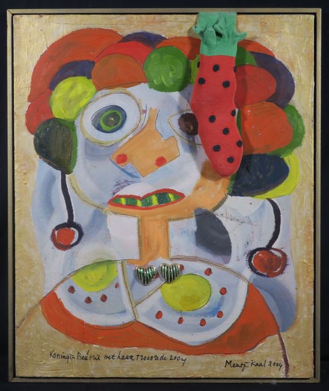 Meertje Kaal: Olieverf en collage op doek, Koningin Beatrix met.. - Ingelijst kopen? Bied vanaf 1!