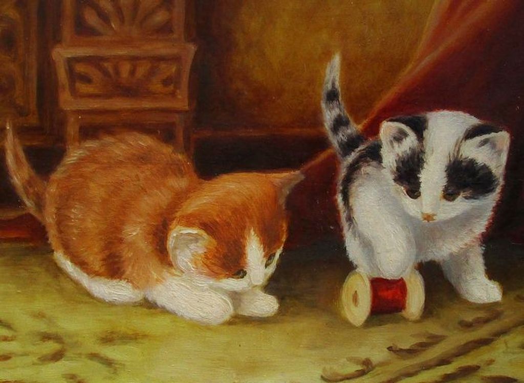 Kunstenaar onbekend: Acrylverfj, 2 kittens spelemd met een klosje garen kopen? Bied vanaf 20!