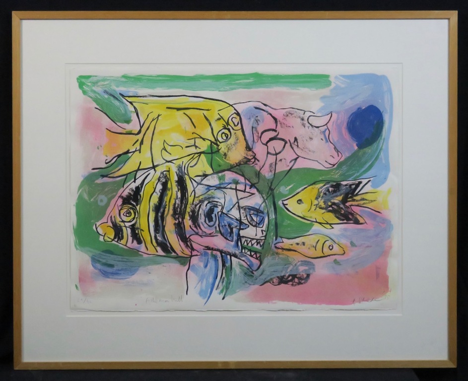 Anton Vrede: Zeefdruk, Fish man bull - Ingelijst verkocht voor € 50!