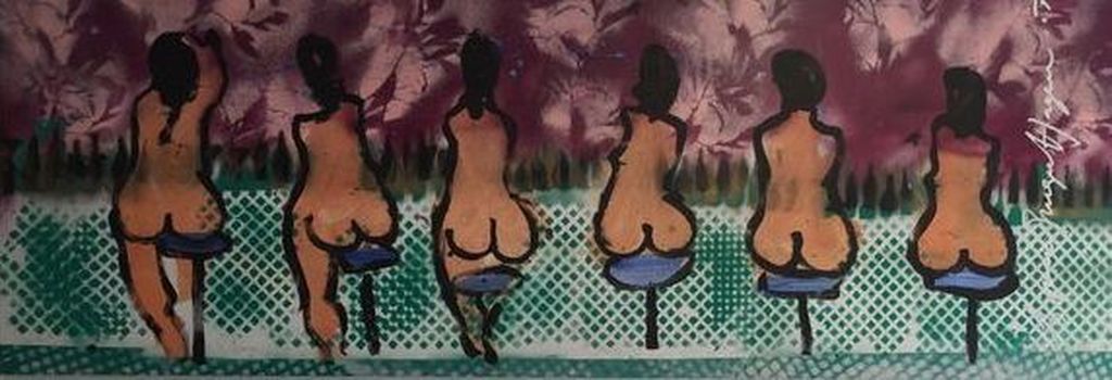 Espen Greger Hagen schilderij, 150 x 50 cm , bar ladies gesigneerd en gedateerd verkocht voor € 200!