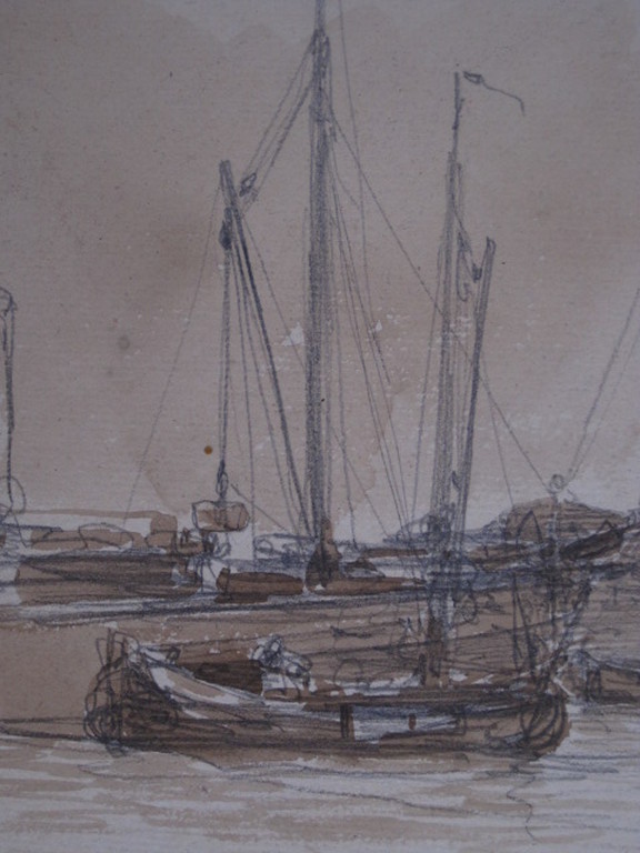 19e eeuwse Aquarel/Houtskool "haven Amsterdam" van George L Kiers (1838-1916) kopen? Bied vanaf 1!