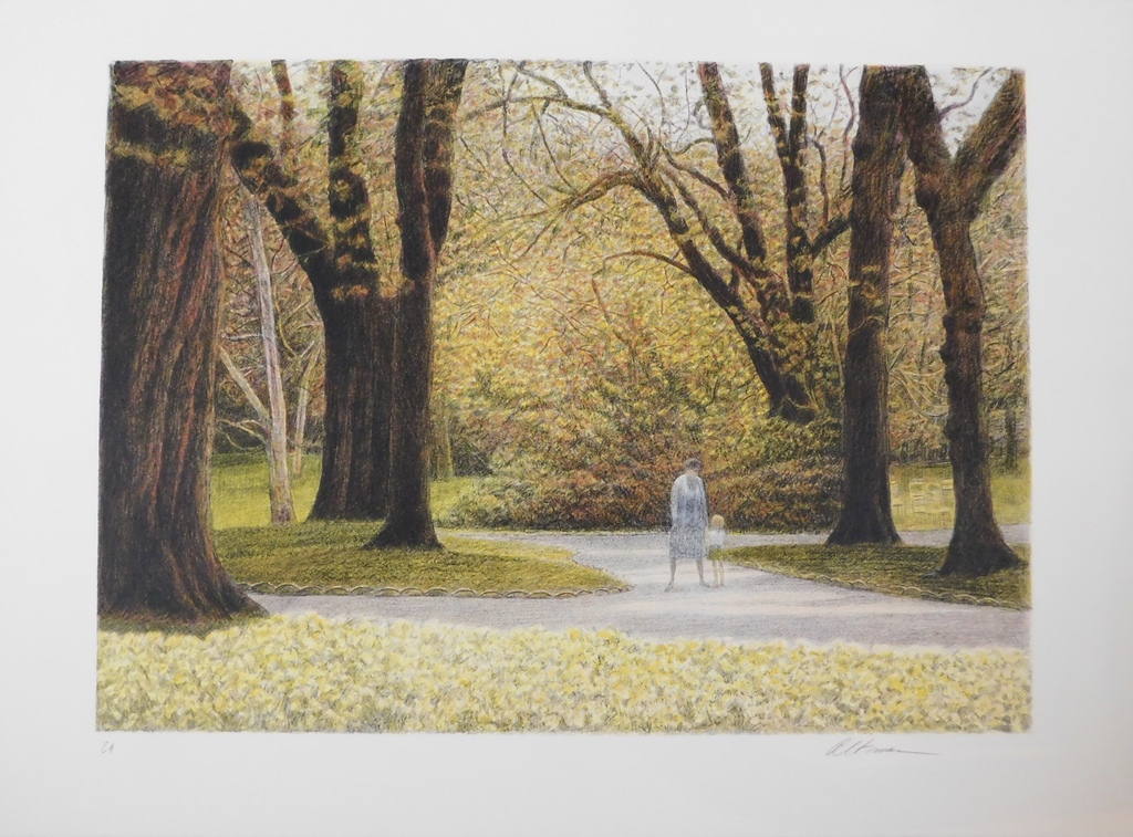 Harold Altman - Kleurenlitho - Woman and child in the Park verkocht voor € 50!