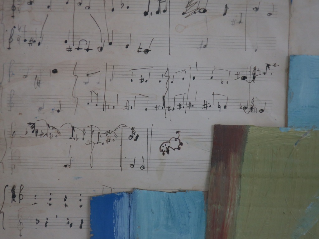 Meertje Kaal: Acryl en collage op papier, Zonder titel (muziek) - Ingelijst kopen? Bied vanaf 50!