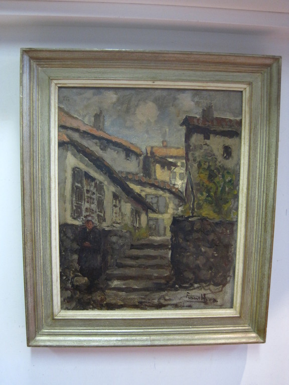 Frans Hoos 1884-1966 "Scheveningen met vrouw in klederdracht" olieverf 1920 verkocht voor € 285!