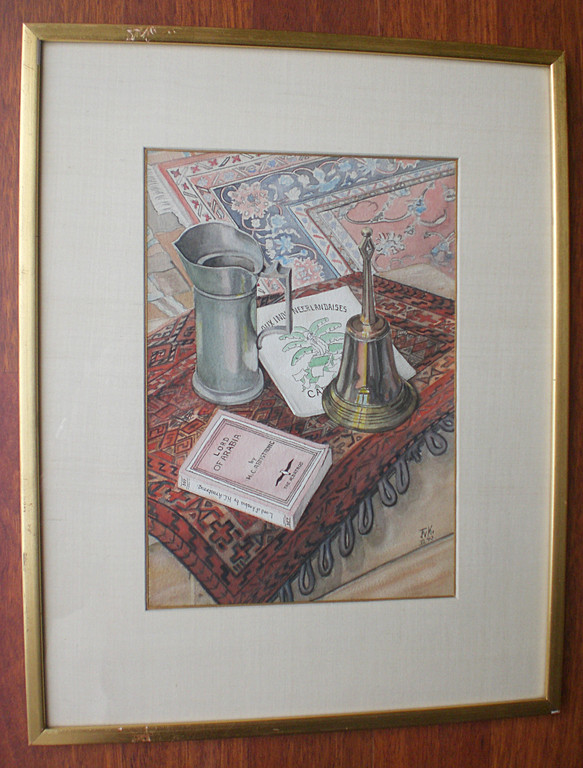 Stilleven met boeken, bel en tinnen kan, aquarel (ingelijst) kopen? Bied vanaf 35!