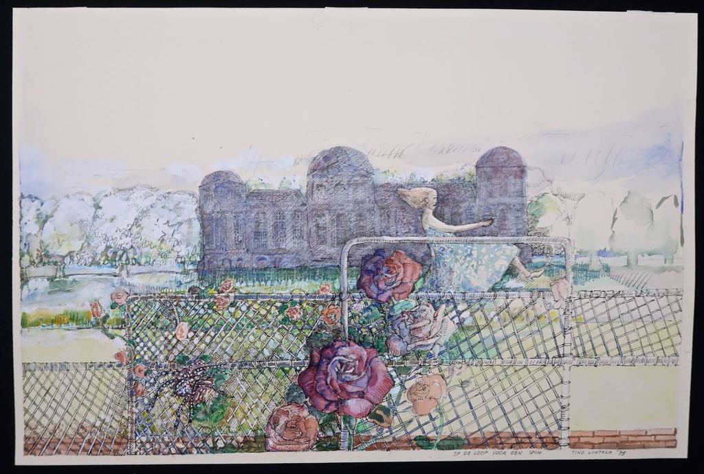 Tino Lintelo: Aquarel, Op de loop voor een spin verkocht voor € 35!