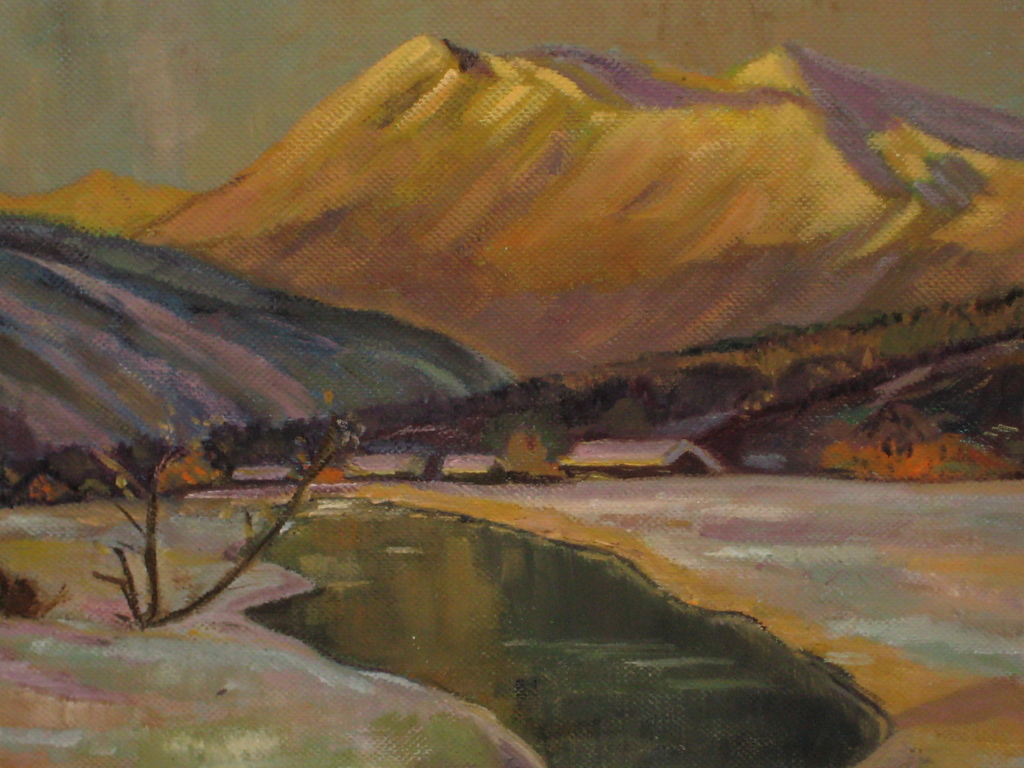 Berglandschap met dorpje olieverf op doek ongesigneerd kopen? Bied vanaf 10!