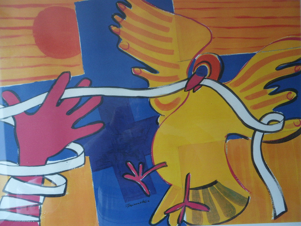 Niet of onleesbaar gesigneerd - Onbekende wel gesigneerd. Zeefdruk, Vogel met lint kopen? Bied vanaf 20!