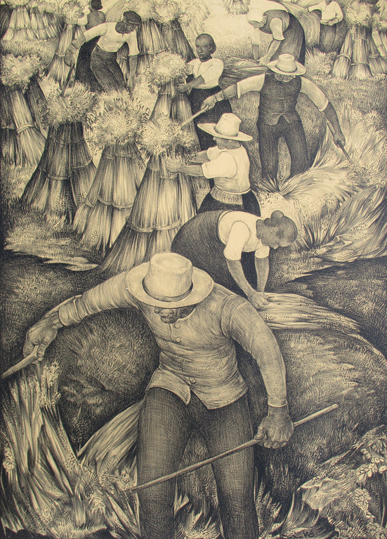 Willem van den Berg: Litho, Oogstende boeren verkocht voor € 65!