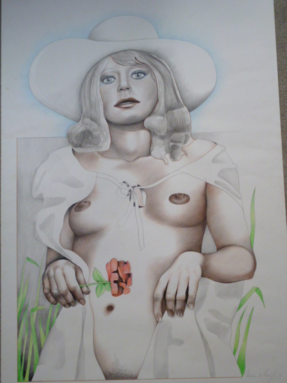 Onbekende kunstenaar - kleurentekening - Naakt met hoed en bloem kopen? Bied vanaf 45!