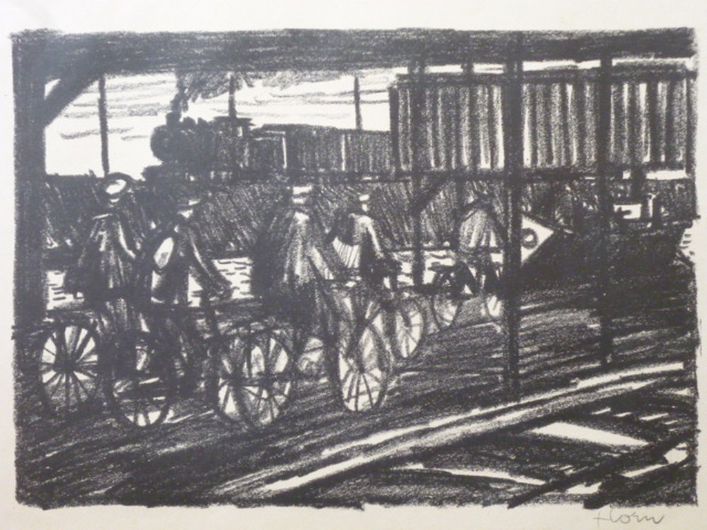 Lex Horn - litho - Fietsers bij spoorlijn kopen? Bied vanaf 35!