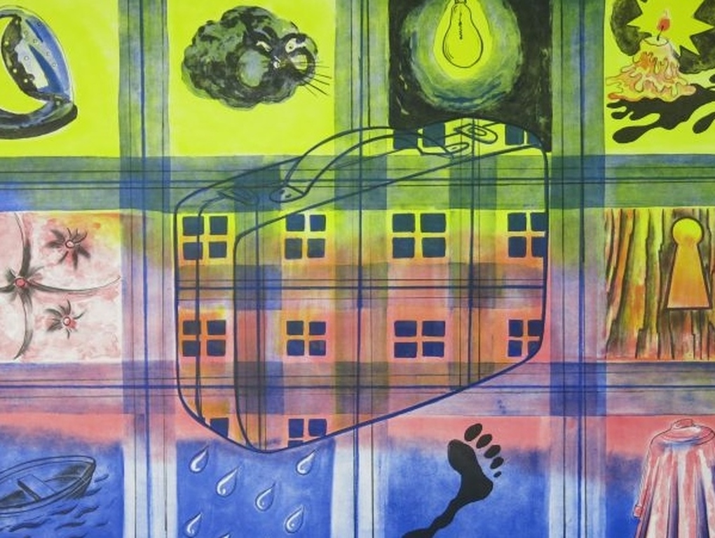 Onbekend Gesigneerd: Litho, Abstracte voorstelling met koffer kopen? Bied vanaf 1!