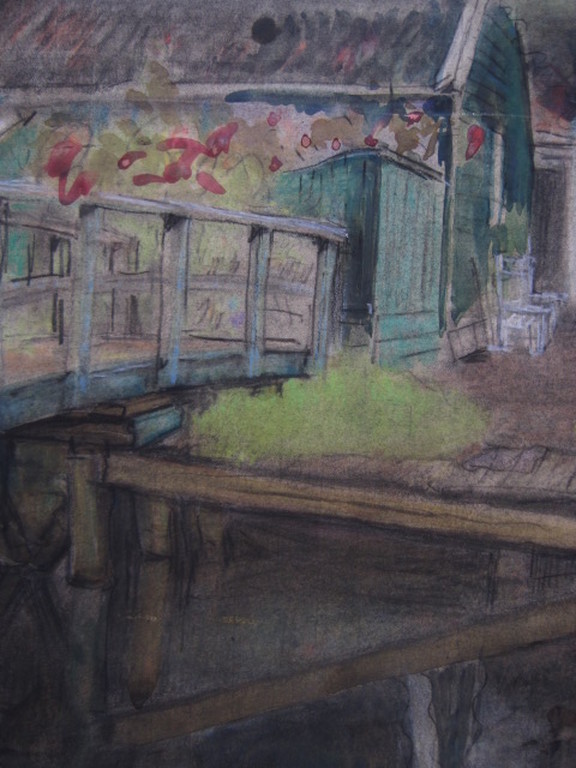 impressionistisch pastel/aquarel van Mien Frowein 1916-1986 "boerderij aan water kopen? Bied vanaf 1!