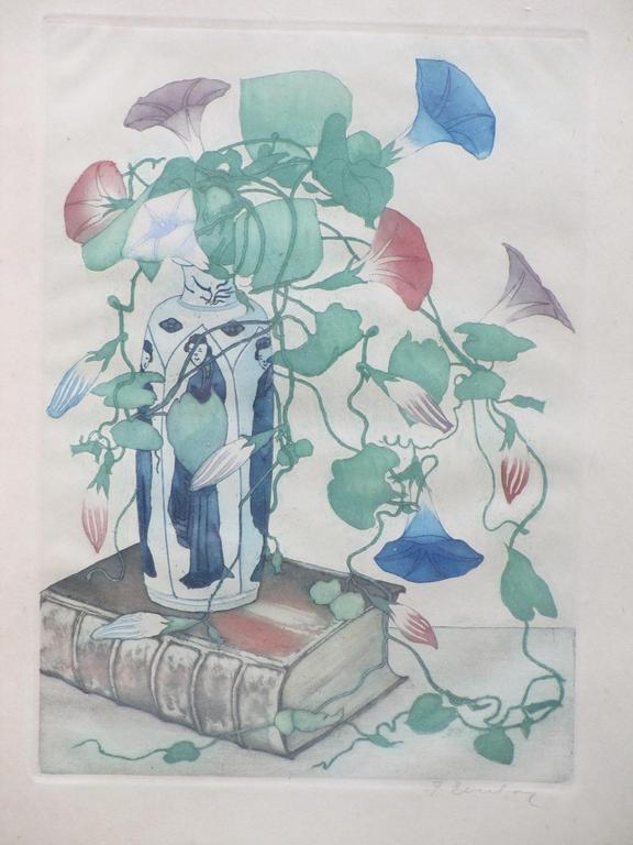 Frans Everbag, Akkerwinde in Chinese vaas met boek, Kleurets verkocht voor € 110!