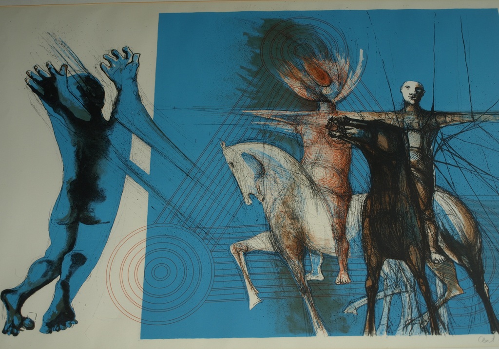 Aat Verhoog (1933) : Litho – Ruiters te paard – Gesigneerd & ingelijst– ca 1980  verkocht voor € 35!