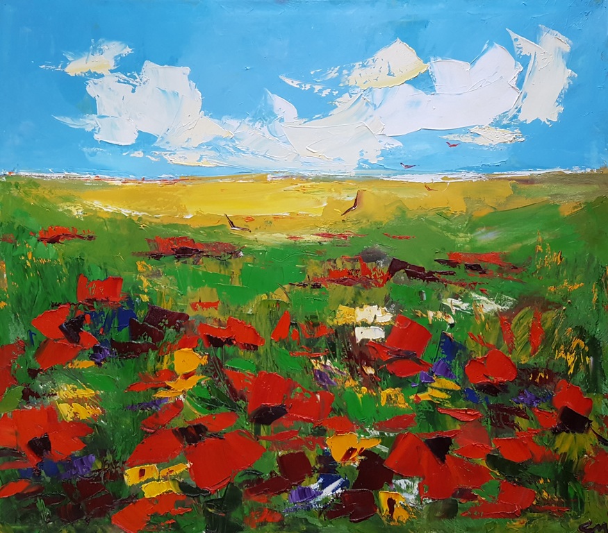 Gagik Manoukian (1952) - klaprozen-  Acrylverf op doek, gesigneerd r.o. verkocht voor € 425!