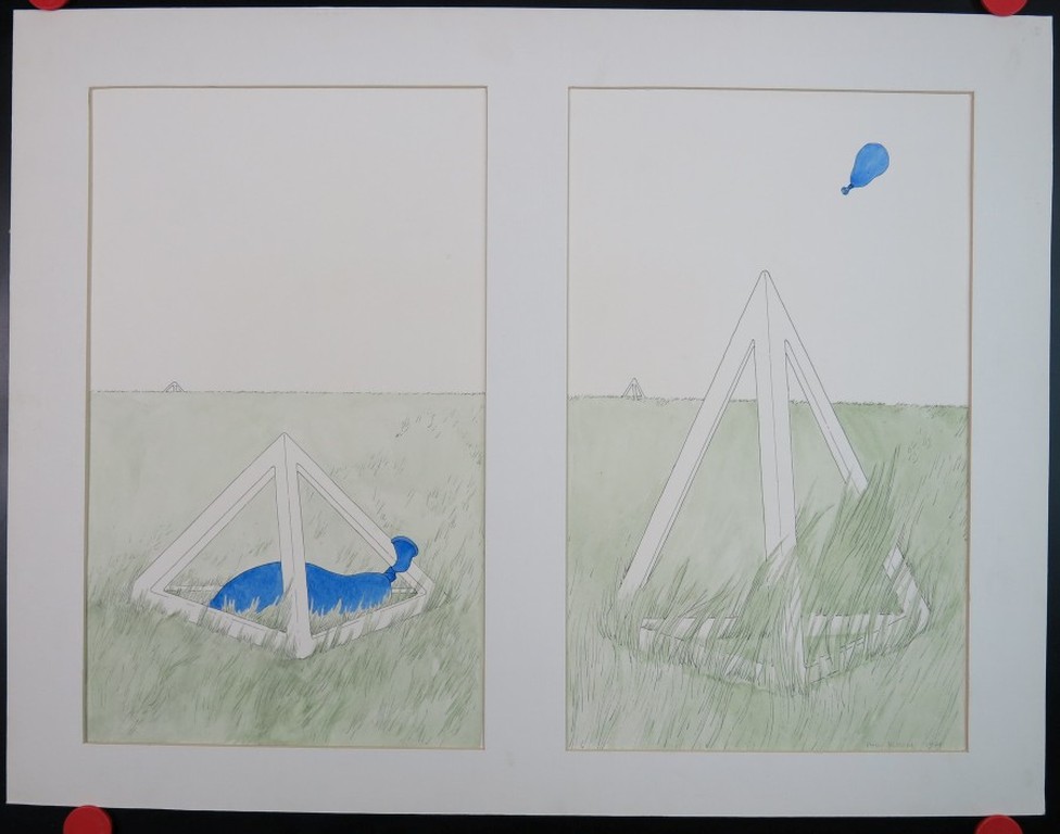 Phil Bloom: 2x Aquarel en pen, Ballon in driehoek + gras kopen? Bied vanaf 35!