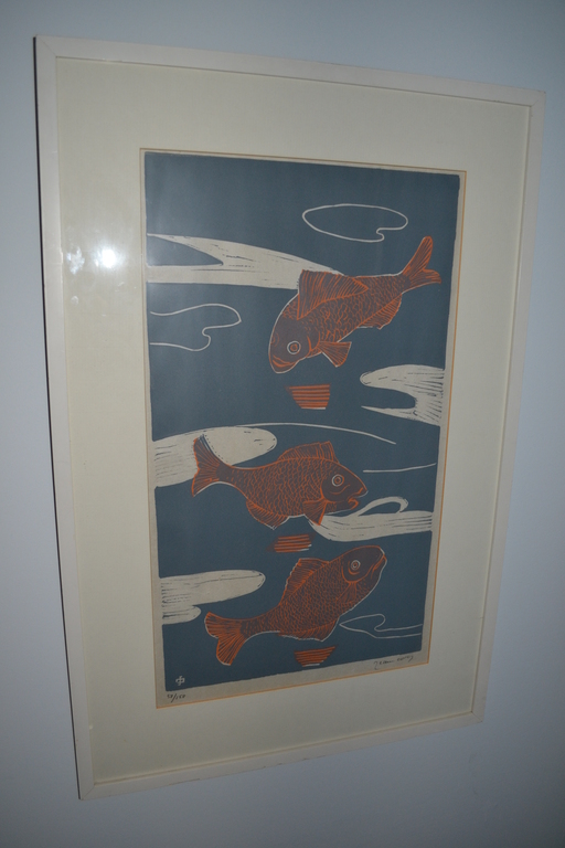 Jeanne Bieruma Oosting - Houtsnede in kleur 'Vissen' kopen? Bied vanaf 125!