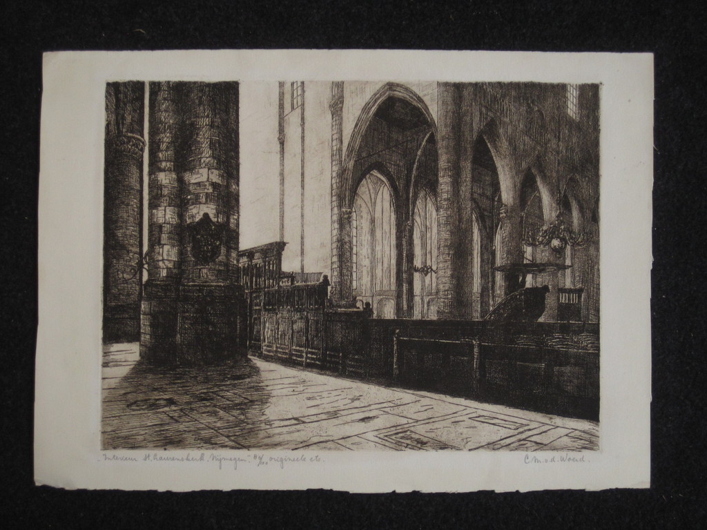 Grote ets "interieur st. Laurenskerk Nijmegen" gesigneerd C vd Woerd 1901-1994 kopen? Bied vanaf 1!