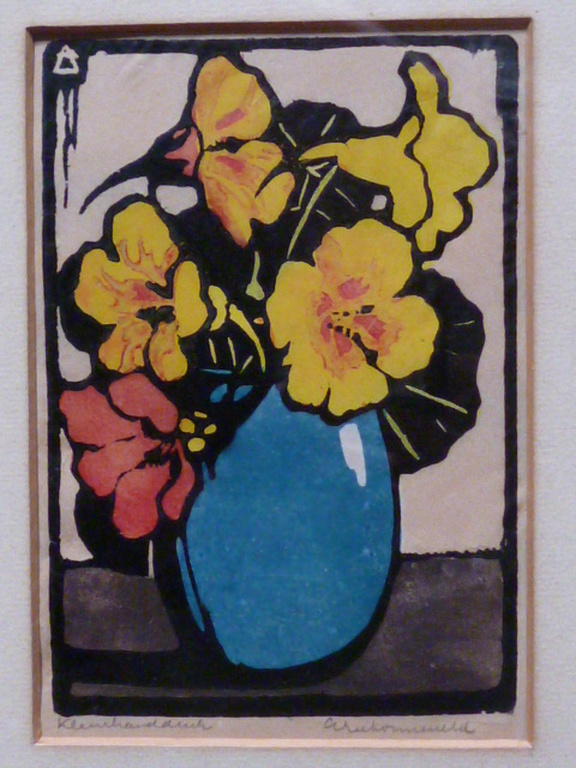 Arie Zonneveld - kleurenhoutsnede - Bloemen in blauwe vaas verkocht voor € 345!