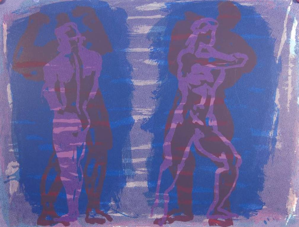 Onbekend en ongesigneerd: Zeefdruk, Twee paarse figuren. kopen? Bied vanaf 1!